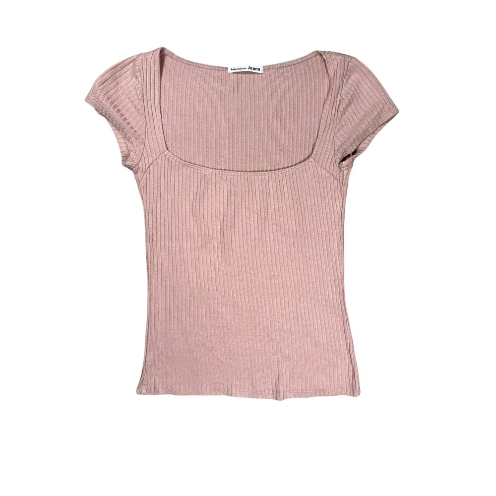 Reformation Jeans Ribbed Square Neck Bardot Top Womens Size S Coquette Pink